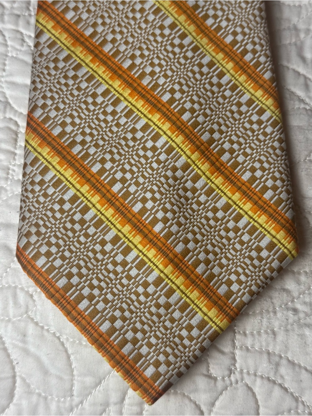 Beige Plaid Tie with Orange and Yellow Accent Retro Vintage